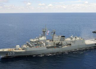REGIONAL PRESENCE DEPLOYMENT DEMONSTRATES AUSTRALIA’S COMMITMENT TO THE INDO-PACIFIC HMAS Ballarat with a US Navy helicopter in May 2012 scaled