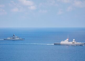 Frigate HMAS Anzac conducts a passage exercise with Republic of Singapore Navy ship RSN Stalwart in the South China Sea. 1620285588121