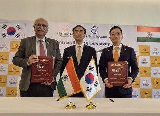 Hanwha Aerospace Secures Second K9 Vajra-T Contract from India Photo From right Son Jae il Hanwha Aerospace CEO Lee Sung ho Korean Ambassador to India and Arun Ramchandani LT Senior VP at the K9 howitzer export contract signing ceremony in New Delhi April 3 scaled